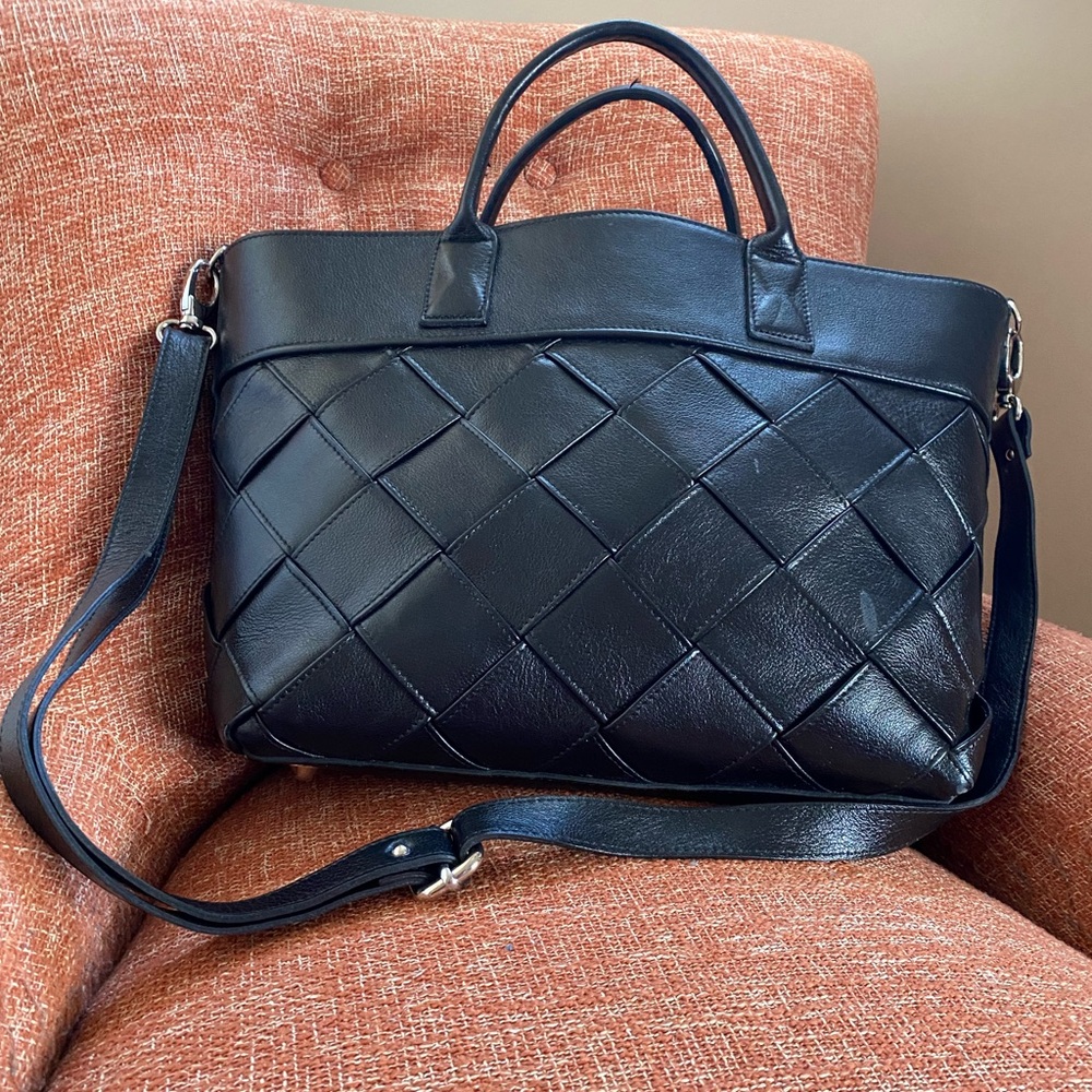 Black Leather Shoulder Bag with Woven Design